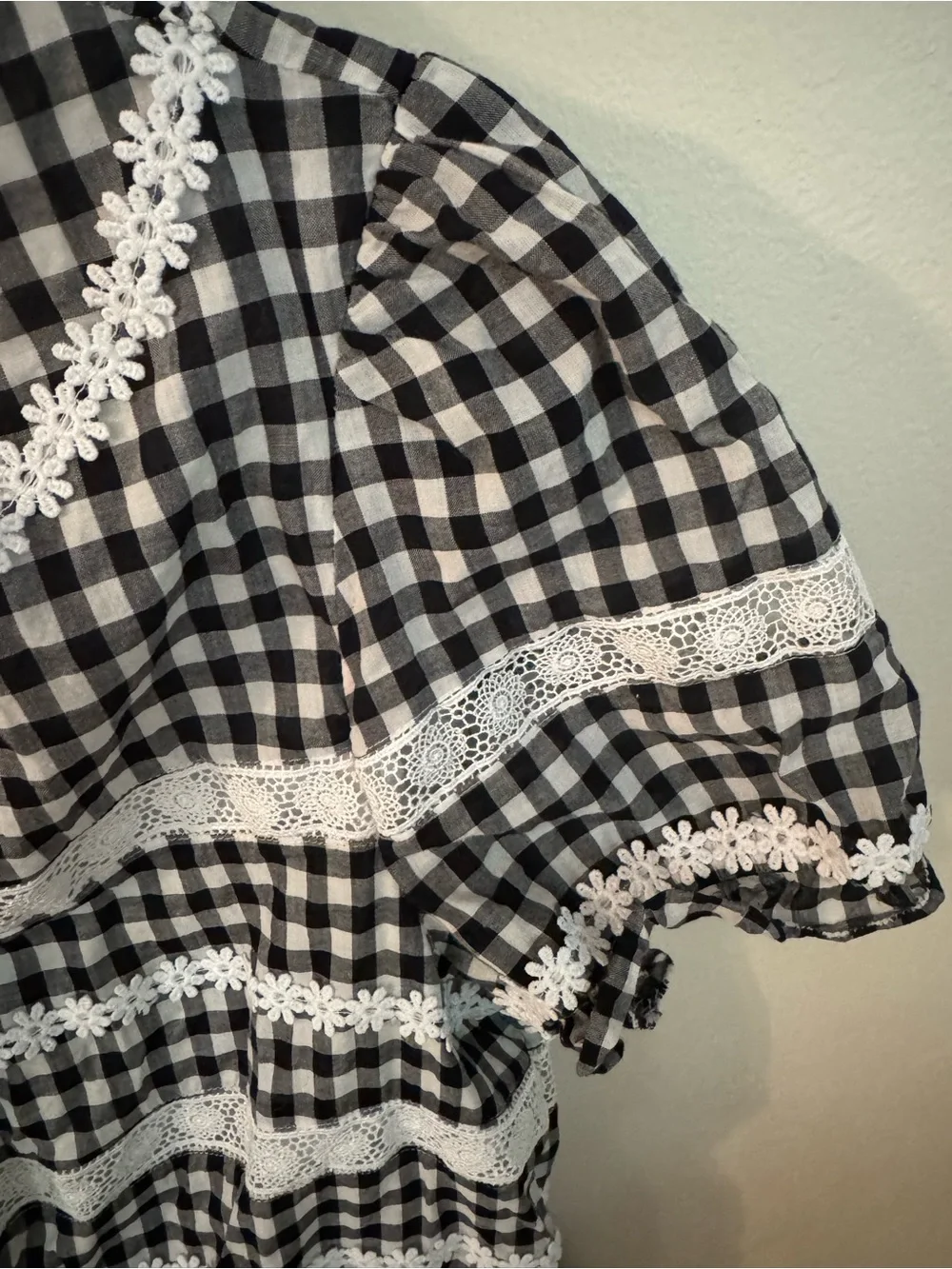 J. Crew Black and White Gingham Lace-Trim Peplum Blouse